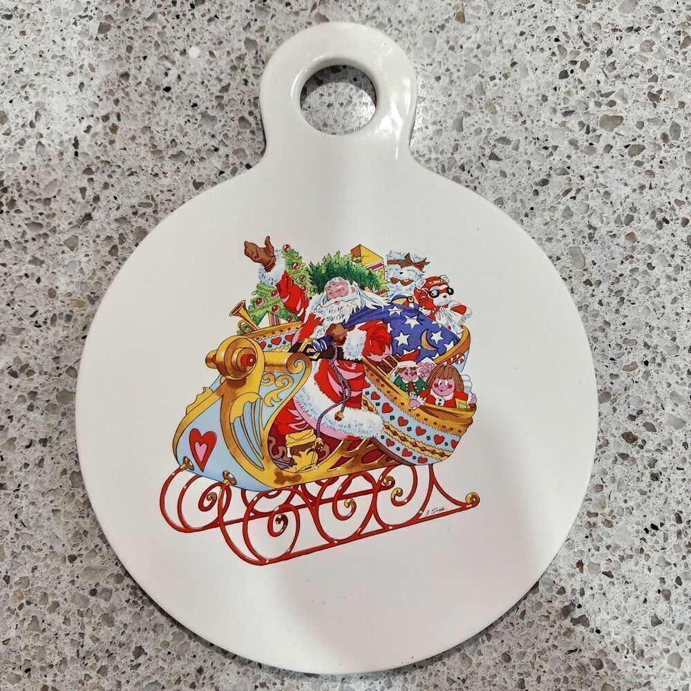 Vintage Christmas Santa Sleigh White Trivet Hudson's 1988 W/Hanging Handle